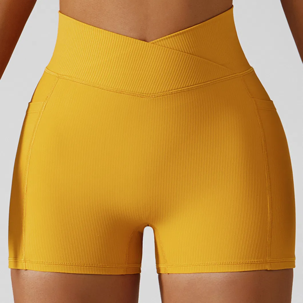 Hot Sale Girl′s Stretch Rib Fabric High Waist Gym Hot Pants Women Butt Lift Sports Run Yoga Shorts with Pockets