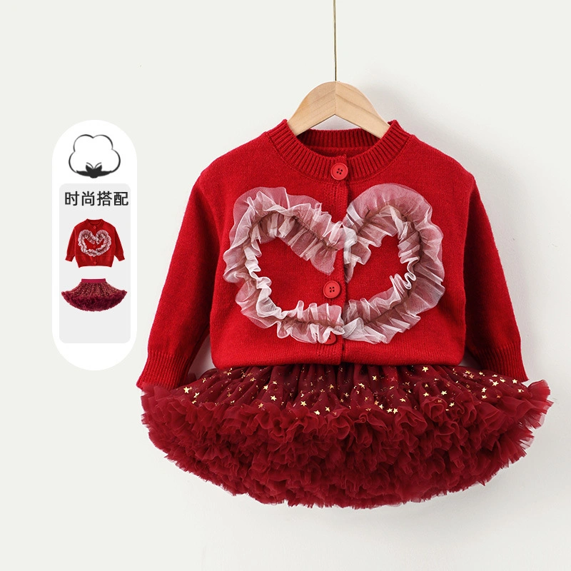 Girls′ Love Blocks Sweater with Western Puffle Skirt /Dress